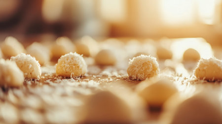 A beautifully arranged selection of sweet coconut desserts. The soft, round treats are covered with shredded coconut, showcasing a delightful culinary creation in a warm, inviting kitchen setting.の素材