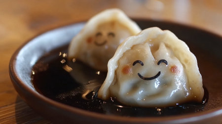 Adorable dumplings with smiley faces sit in a rich sauce. This whimsical presentation adds joy to any dining experience, perfect for food photography.の素材