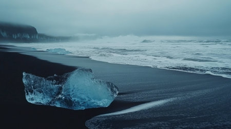 A stunning view of a solitary ice fragment resting on a black sand beach. The moody atmosphere features crashing waves against a dramatic coastal backdrop, perfect for nature and landscape themes.の素材