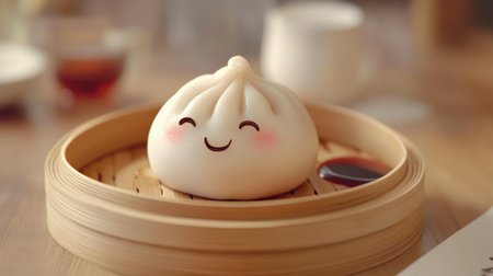 A cute smiling dumpling sits on a wooden steamer basket, offering a joyful and inviting look. Perfect for food lovers and culinary presentations.の素材