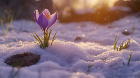 A stunning single crocus flower blooms amidst soft snow, capturing the essence of spring's arrival. Sunlight glistens on frost, symbolizing hope and renewal.の素材