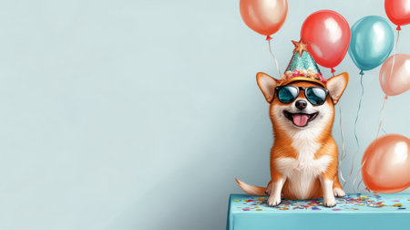 A joyful dog wearing sunglasses and a party hat smiles at the camera, surrounded by colorful balloons, celebrating a cheerful birthday event in a bright, playful setting.の素材