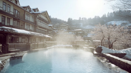 A tranquil winter spa retreat set in a breathtaking mountain landscape. Featuring steaming waters and cozy wooden lodgings, this scene evokes relaxation and peace.の素材