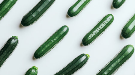 Vibrant green zucchini arranged on a clean white background, highlighting their fresh texture. Ideal for culinary themes and healthy eating concepts.の素材