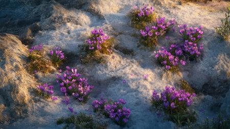 A stunning scene featuring vibrant purple flowers thriving on soft ground. This enchanting image captures the beauty of nature in full bloom, filled with life and color.の素材