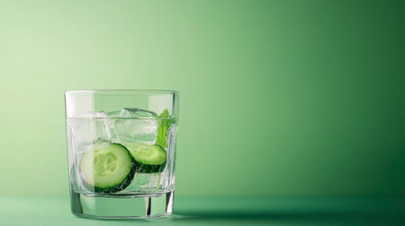 A refreshing cucumber drink served in a clear glass filled with ice, showcasing a vibrant green backdrop. Perfect for summer hydration and wellness.の素材