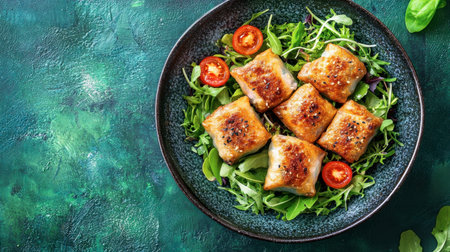 A mouthwatering plate featuring grilled fish served on a bed of fresh greens with sliced tomatoes, perfect for healthy meals and culinary inspiration.の素材