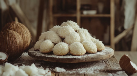 A rustic display of coconut cookies piled high on a wooden table, surrounded by coconut flakes and natural elements, ideal for culinary inspiration.の素材