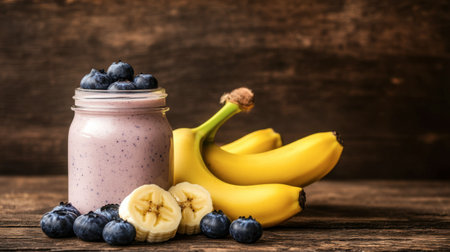 A vibrant smoothie in a jar garnished with fresh blueberries and banana slices. Perfect for a healthy breakfast or refreshing snack.の素材