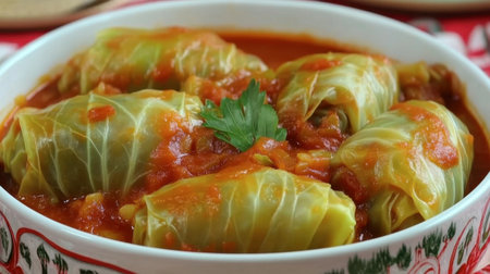 Enjoy a plate of savory cabbage rolls, wrapped in tender leaves and smothered in rich tomato sauce. A wholesome, delicious meal perfect for any occasion.の素材