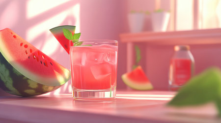 A vibrant glass of watermelon drink sits on a table, surrounded by fresh slices and mint leaves. Perfect for summer refreshment and aesthetic decor.の素材