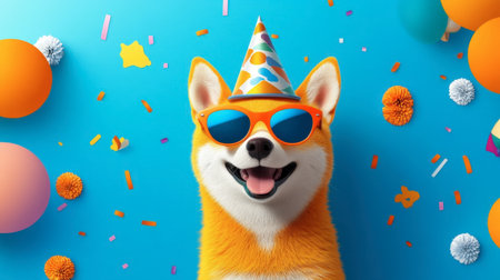 A joyful dog wearing sunglasses and a colorful party hat, surrounded by vibrant decorations. Perfect for themes of celebration, fun, and happiness.の素材