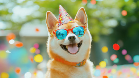 A joyful dog wearing a party hat and sunglasses smiles amid a colorful celebration, capturing the essence of fun and happiness in a vibrant outdoor setting.の素材