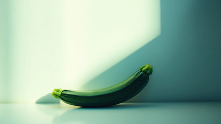 A fresh green zucchini rests elegantly against a soft background, capturing a minimalist aesthetic that highlights its natural beauty and simplicity.の素材