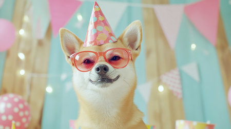 A joyful dog wearing a colorful party hat and sunglasses, celebrating in a festive atmosphere with fun decorations and a cheerful vibe. Perfect for party themes.の素材