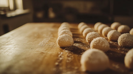 A series of freshly made dough balls arranged on a wooden surface, showcasing the artistry of baking and the simplicity of homemade food preparation.の素材
