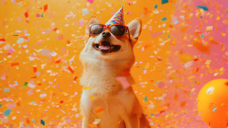 A cheerful dog wearing sunglasses and a party hat enjoys a vibrant birthday celebration filled with colorful confetti and festive ambiance, capturing joy and fun.の素材