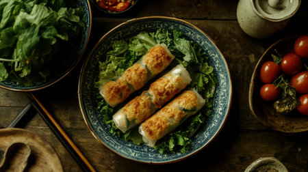 Discover fresh spring rolls beautifully arranged on crisp lettuce, showcasing vibrant colors and textures, perfect for menus or cooking inspiration.の素材