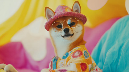 A stylish dog wearing a colorful outfit, hat, and glasses poses playfully against a bright, cheerful background, embodying joy and fashion.の素材