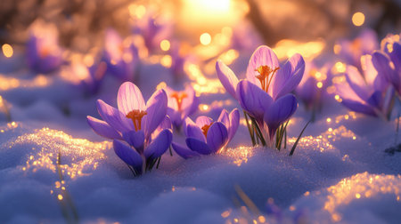 Stunning crocuses bloom through the melting snow, illuminated by the soft glow of sunrise. A perfect image of spring's arrival and nature's beauty.の素材