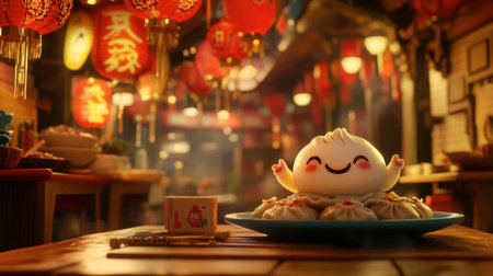 A cheerful dumpling character sits proudly on a blue plate in a vibrant market, surrounded by glowing lanterns and a delightful ambiance. Perfect for food lovers.の素材