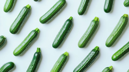 A visually appealing arrangement of fresh green zucchinis on a white background, showcasing their vibrant color and healthy qualities for culinary purposes.の素材