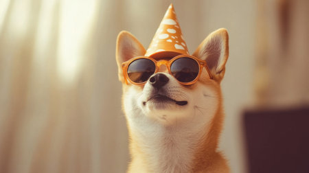 A cheerful dog wearing stylish sunglasses and a festive party hat captures the essence of fun and celebration. Perfect for animal lovers!の素材