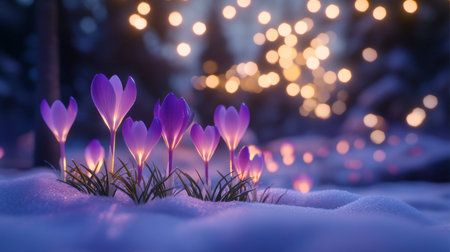 A serene scene of purple flowers blooming through snow, illuminated by gentle lights. This enchanting image captures the essence of spring in a magical environment.の素材