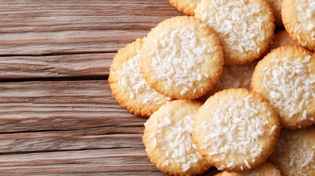 A delightful arrangement of coconut cookies on a rustic wooden table. Perfect for snacking, these sweet treats combine a crunchy texture with a rich coconut flavor.の素材