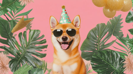 A cheerful dog wearing sunglasses and a party hat poses among vibrant tropical foliage, creating a lively and festive atmosphere perfect for celebrations.の素材