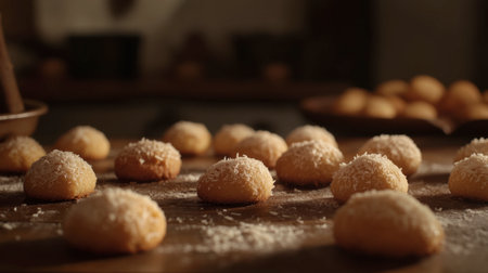 A tempting display of freshly baked coconut cookies sprinkled with coconut flakes on a rustic wooden surface, perfect for food lovers.の素材