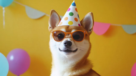 A cheerful dog wearing a party hat and sunglasses celebrates a birthday in a colorful setting, radiating joy and festivity. Perfect for pet lovers!の素材