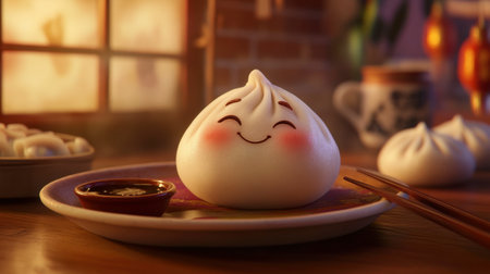 A charming dumpling character with a smile sits on a plate, accompanied by dipping sauce, evoking warmth and joy in a cozy dining atmosphere.の素材