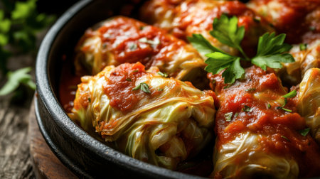 Succulent cabbage rolls filled with savory ingredients, smothered in rich tomato sauce and garnished with fresh parsley, perfect for a comforting meal.の素材