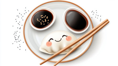 A cheerful cartoon dumpling on a plate accompanied by soy sauces. Perfect for illustrating Asian cuisine, culinary joy, and fun dining experiences.の素材