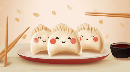 A playful illustration of cute dumplings with expressions, served on a plate with chopsticks and dipping sauce. Perfect for food-related projects.の素材