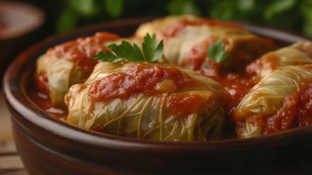 Enjoy a close-up of delicious cabbage rolls stuffed and simmered in rich tomato sauce. Perfectly garnished, this dish is a comforting meal idea.の素材