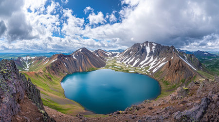 Breathtaking view of a majestic mountain landscape featuring a clear blue lake surrounded by rugged terrain and patches of snow under a vibrant sky.の素材