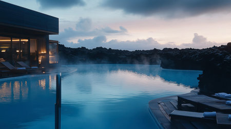 A serene view of a tranquil spa pool surrounded by rocky terrain, with steam rising gently from the water, offering a perfect escape for relaxation and rejuvenation.の素材