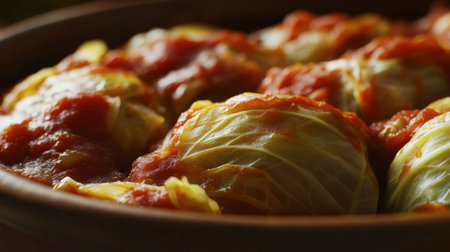 Close-up of savory cabbage rolls topped with rich tomato sauce. A wholesome dish ideal for dinner, showcasing delicious ingredients and comforting flavors.の素材
