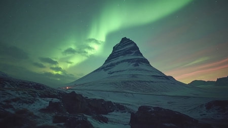 Witness the stunning display of northern lights illuminating Kirkjufell Mountain in Iceland. This breathtaking landscape showcases nature's beauty and tranquility.の素材