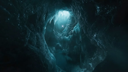 Explore the enchanting depths of an ice cave, illuminated by a soft ethereal light. The frozen formations cascade majestically, creating a mesmerizing and tranquil atmosphere.の素材