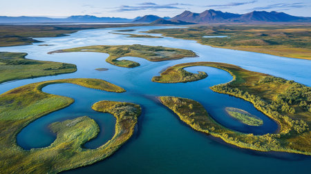 This stunning aerial view showcases a winding river surrounded by lush greenery and picturesque hills, capturing the essence of untouched nature and tranquility.の素材