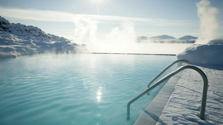 Enjoy a tranquil scene of a hot spring oasis surrounded by snow, steam rising in the sunny winter landscape, perfect for relaxation and rejuvenation.の素材