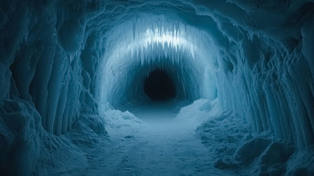 A stunning icy cave showcasing shimmering blue light and captivating stalactites. This serene winter landscape embodies nature's breathtaking beauty and mystery.の素材