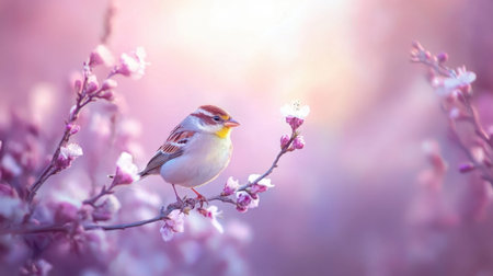 A serene bird sits gracefully on a flowering branch, surrounded by soft pink blossoms, capturing the beauty of nature and tranquility in springtime.の素材