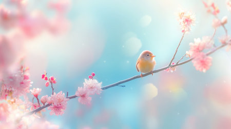 A charming bird perches on a branch adorned with delicate blossoms, creating a serene and vibrant atmosphere. Perfect for nature and spring-themed projects.の素材
