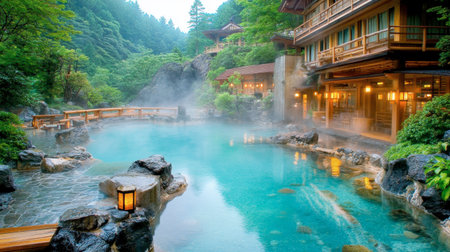 A tranquil outdoor hot spring surrounded by lush greenery and mist, ideal for relaxation and wellness. The serene atmosphere invites visitors to unwind.の素材