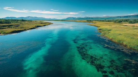 Experience the serenity of a tranquil blue river surrounded by lush green landscapes and mountains under a clear sky, ideal for nature lovers.の素材