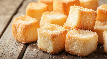 Close-up of delicious golden cubes of sweet dessert treats, coated with sugar, resting on a rustic wooden table. Perfect for snacks or celebrations.の素材